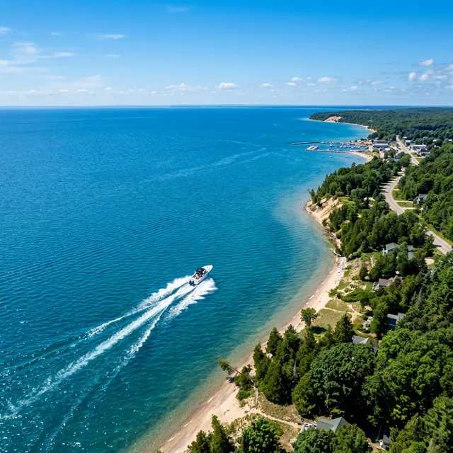 Aerial view of a speedboat cruising along the Michigan shoreline on Lake Michigan