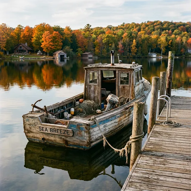 Older wooden fishing boat docked at a rural Michigan lakeside dock in autumn
