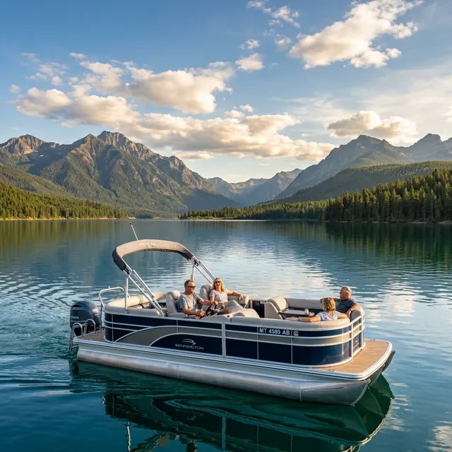 Large cabin cruiser boat on a trailer at a Montana marina with mountain scenery in the background