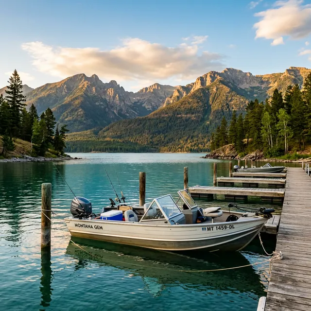 Fishing boat moored at a scenic dock on Flathead Lake, Montana, with mountain scenery and pine forests in the background