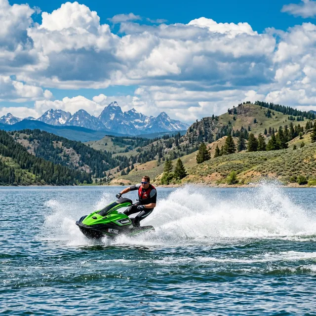 Person riding a jet ski on a wide Montana reservoir with Big Sky scenery and distant mountain range