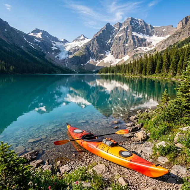 Colorful kayak on the shore of a pristine Montana alpine lake with crystal-clear turquoise water and snow-capped peaks