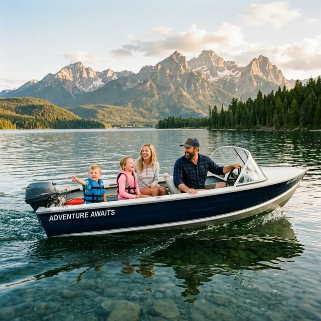 Family enjoying a motorboat ride on a crystal-clear Montana mountain lake with Rocky Mountain peaks in the background