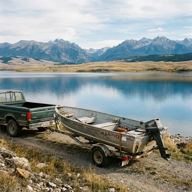 Older aluminum fishing boat on a trailer at a rural Montana lake shore with grasslands and mountain ranges in the background