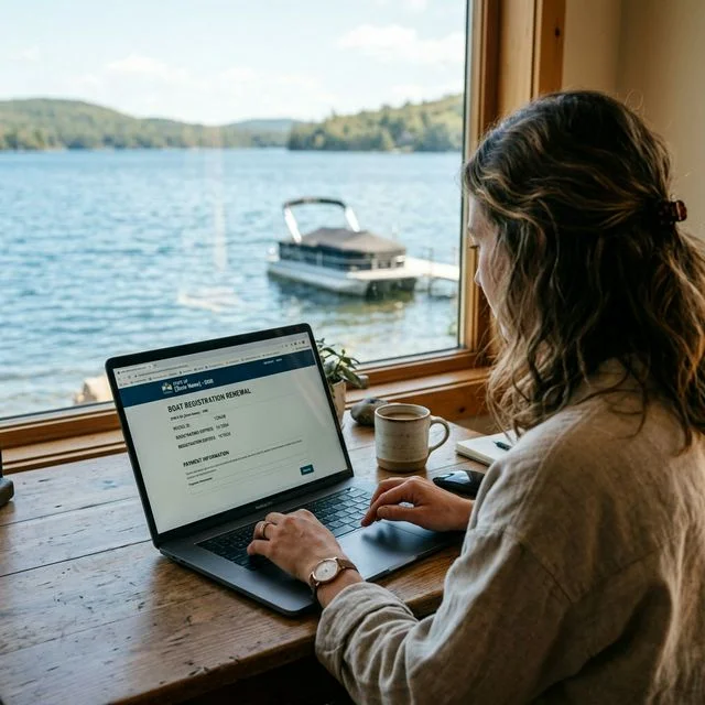 Person using a laptop to renew boat registration online with a lake view