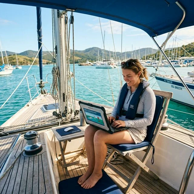 Person sitting on a boat deck using a laptop to take an online boating safety course