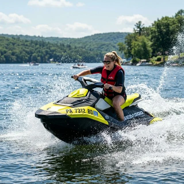 Person riding a personal watercraft (jet ski) with Pennsylvania (PA) registration numbers on a lake