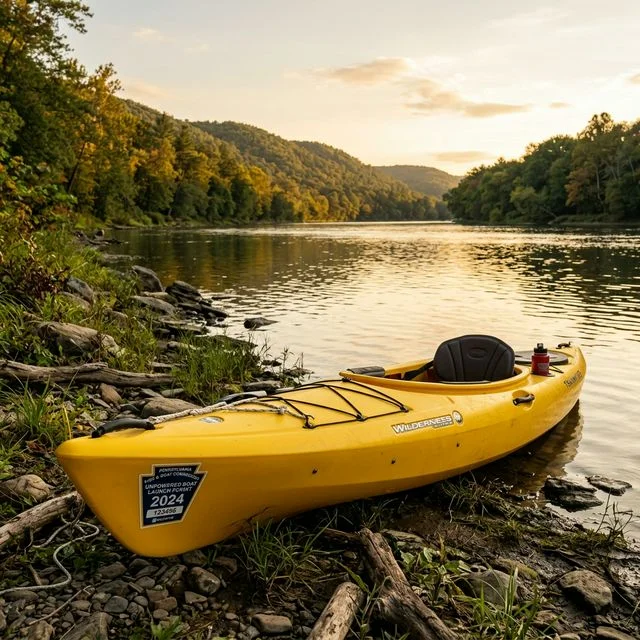 Yellow kayak with a Pennsylvania Fish and Boat Commission (PFBC) unpowered boat launch permit sticker