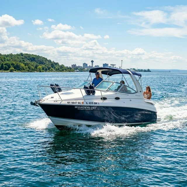 Boat with out-of-state registration numbers cruising on Lake Erie, Pennsylvania