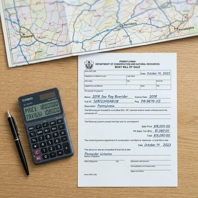 Pennsylvania boat bill of sale and calculator showing 6 percent state sales tax computation