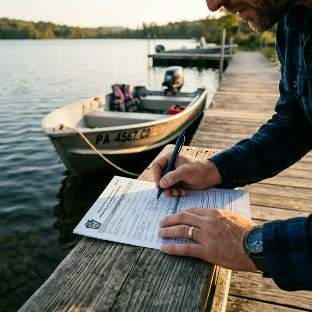 Person filling out a Pennsylvania Fish and Boat Commission (PFBC) boat registration/title application form (REV-336)
