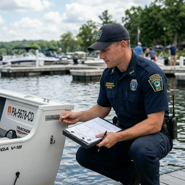 Pennsylvania Fish and Boat Commission waterways conservation officer inspecting a boat hull identification number (HIN)