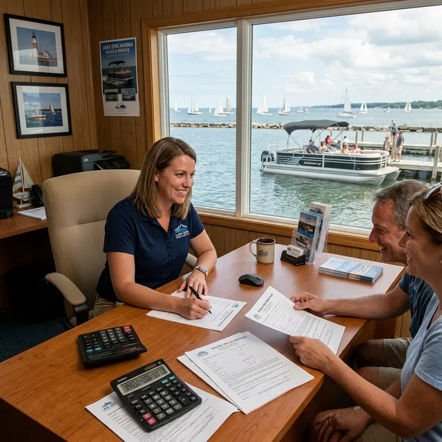 Marina sales office in Pennsylvania with financial documents and Lake Erie view through the window