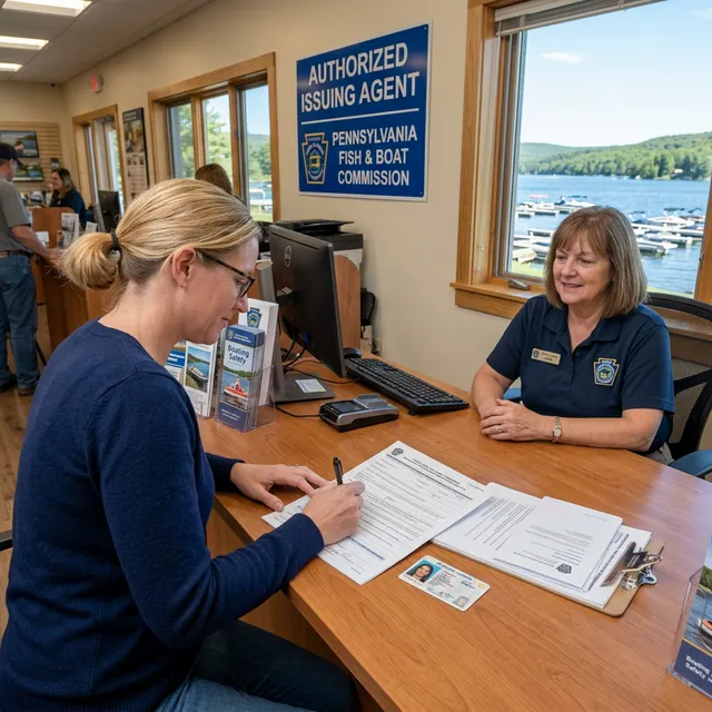 Boat owner completing title transfer paperwork at a Pennsylvania Fish and Boat Commission authorized issuing agent office with lake view