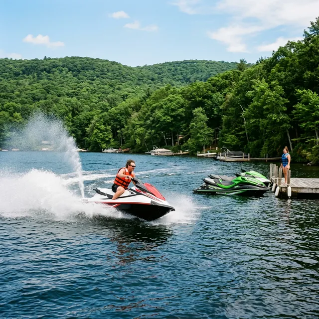 Jet ski rider wearing a life jacket operating at speed on a Pennsylvania lake with wooded hills in the background