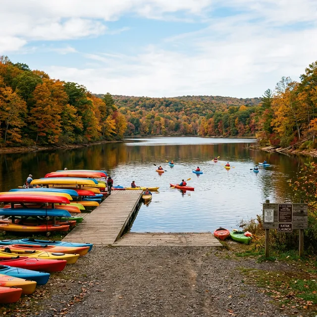 Colorful kayaks lined up at a Pennsylvania state park lake launch area with autumn foliage and kayakers on the water