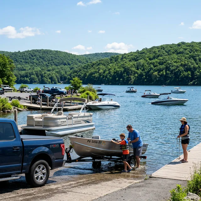 Family launching a boat at a Pennsylvania lake boat ramp with forested hills in the background