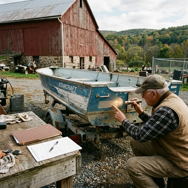 Person inspecting the hull identification number on an older aluminum boat in rural Pennsylvania with paperwork on a nearby workbench