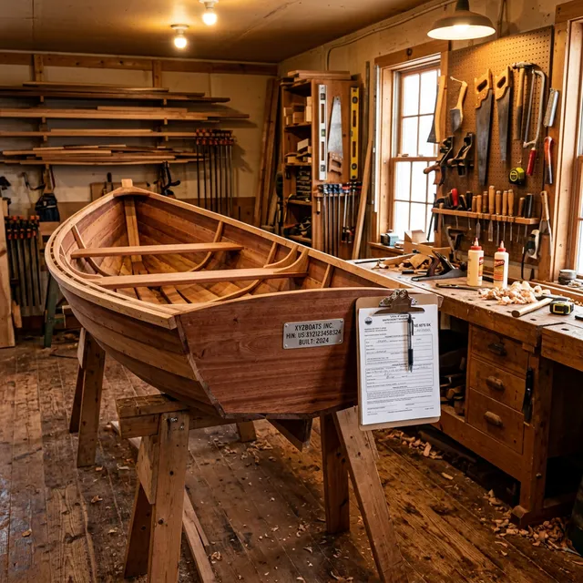 Custom-built wooden boat in workshop with hull identification number plate