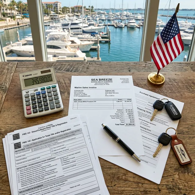 Marine dealership desk with calculator, TPWD forms, sales invoice, boat keys, and marina view through window