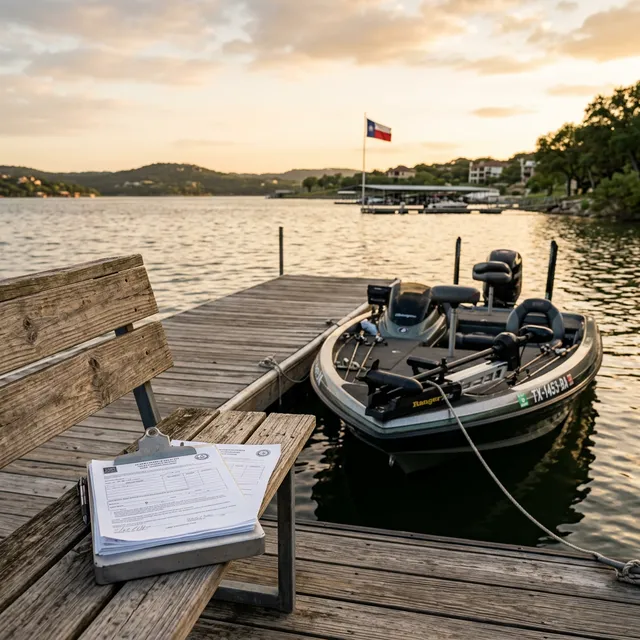 Bass boat moored at a Texas lake dock with title transfer paperwork on a bench at golden hour