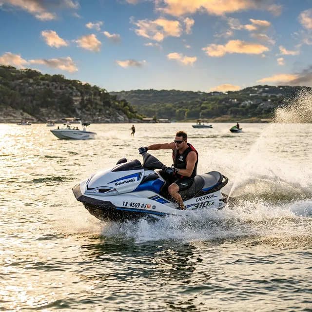 Person riding a jet ski on a Texas lake at golden hour with other watercraft in the background