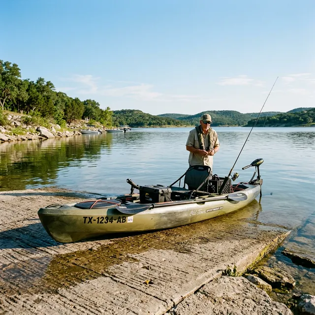 Fishing kayak with trolling motor and registration numbers on a concrete boat ramp at a Texas lake