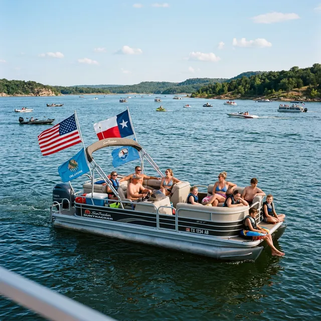 Pontoon boat with Texas and Oklahoma flags on a busy Texas border lake on a summer afternoon