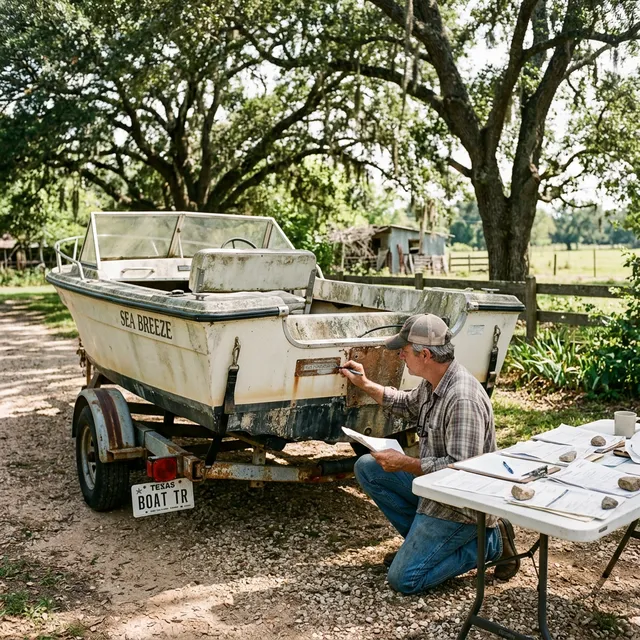 Man examining Hull Identification Number on an older boat on a trailer in a rural Texas backyard with paperwork on a table