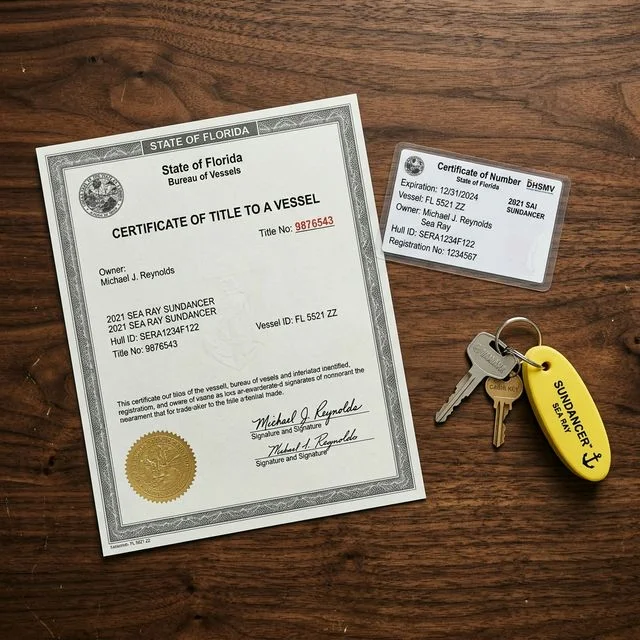 Certificate of Title and registration card with boat keys on a premium wooden desk