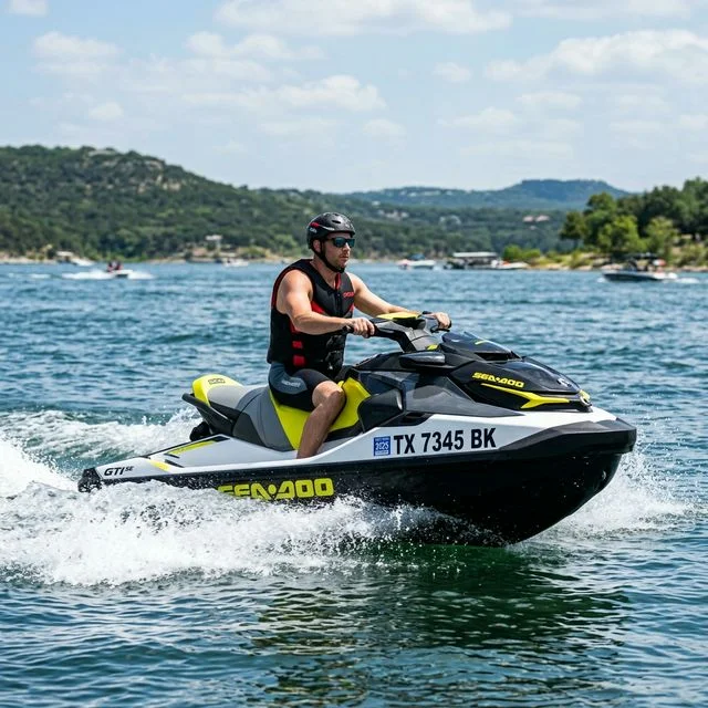 Personal watercraft (jet ski) displaying Texas (TX) registration numbers on the bow, riding on a lake