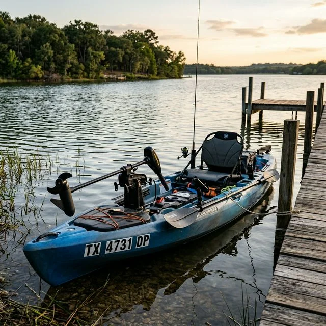 Kayak with an electric trolling motor and Texas registration numbers (TX) on the bow, resting near a lake dock