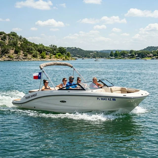 Boat with out-of-state registration numbers cruising on a sunny Texas lake