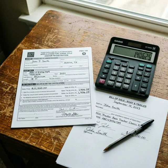 Texas boat sales tax form (PWD 144) and a calculator next to a boat bill of sale on a wooden desk