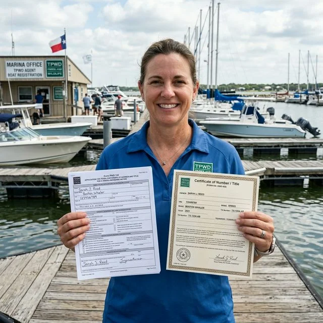 Person holding a Texas Parks and Wildlife Department (TPWD) boat title and a completed PWD 143 form at a marina