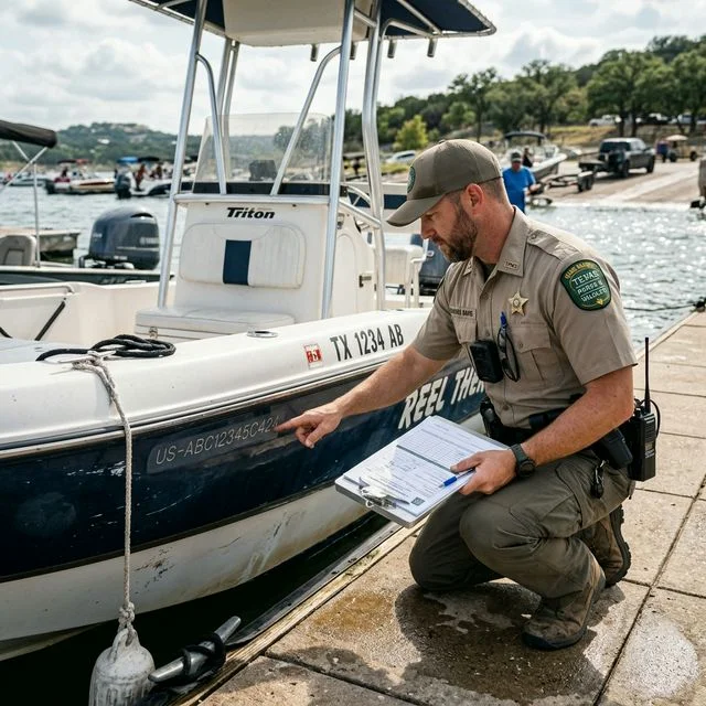 Texas Game Warden examining a boat hull identification number (HIN) with a clipboard