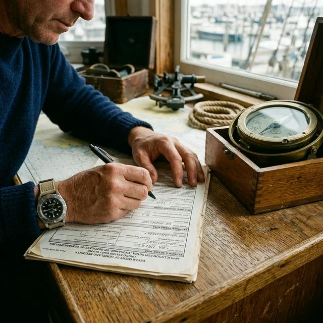 Close-up of a person filling out US Coast Guard CG-1258 application form