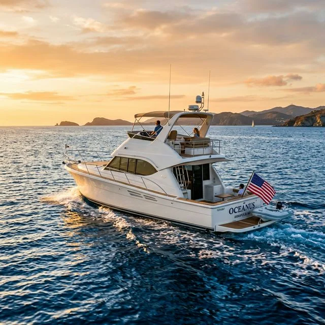 Pristine 40-foot recreational yacht cruising on clear ocean waters qualifying for USCG documentation