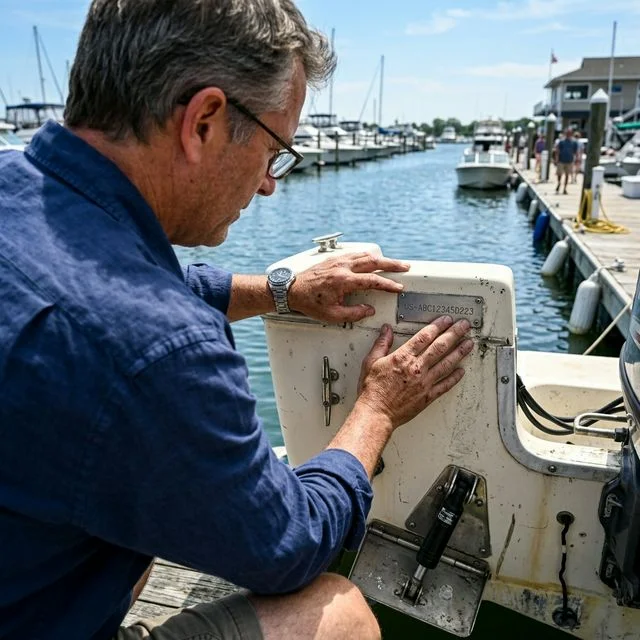 Buyer inspecting a Hull Identification Number (HIN) plate on the transom of a used boat