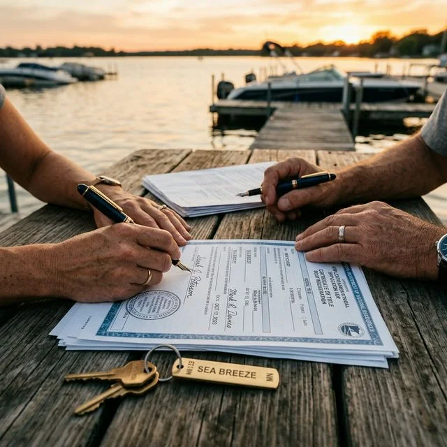 Two people signing an official boat title transfer document on a wooden dock
