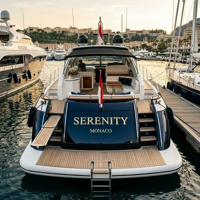 Stern of a luxury yacht showing vessel name and hailing port without state registration numbers
