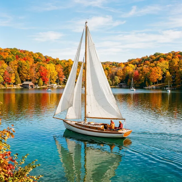 Sailboats on a crystal-clear Wisconsin lake with fall foliage in the background