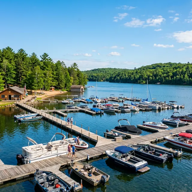 Boats docked at a scenic marina on a Wisconsin lake surrounded by forest during summer