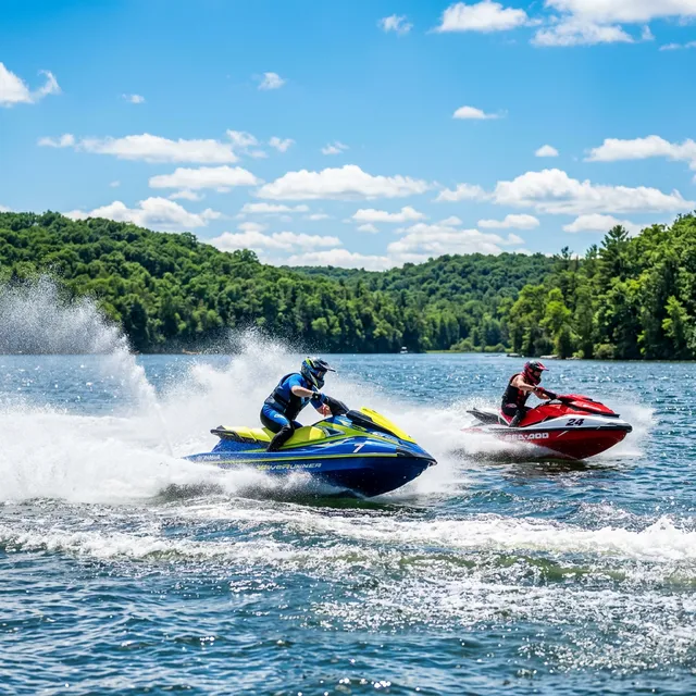 Jet skis on the sparkling waters of a Wisconsin lake on a bright summer day