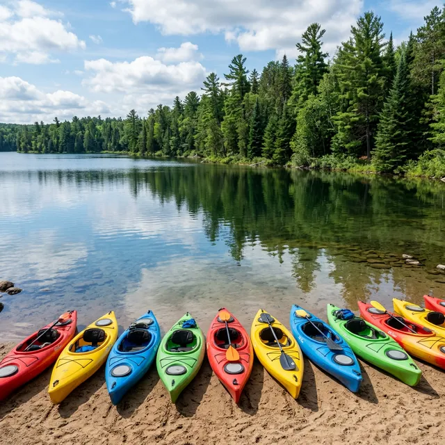 Colorful kayaks on the shore of a clear Wisconsin lake surrounded by pine forests