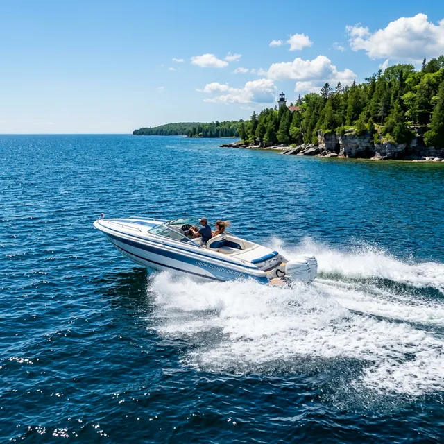 A speedboat cruising on Lake Michigan near Door County Wisconsin on a sunny day