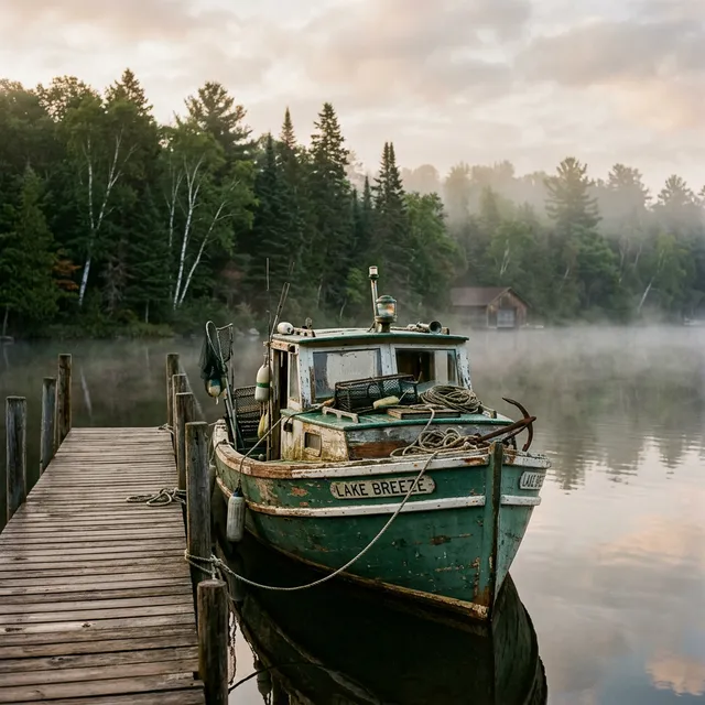 An older fishing boat moored at a rustic wooden dock on a quiet Wisconsin lake