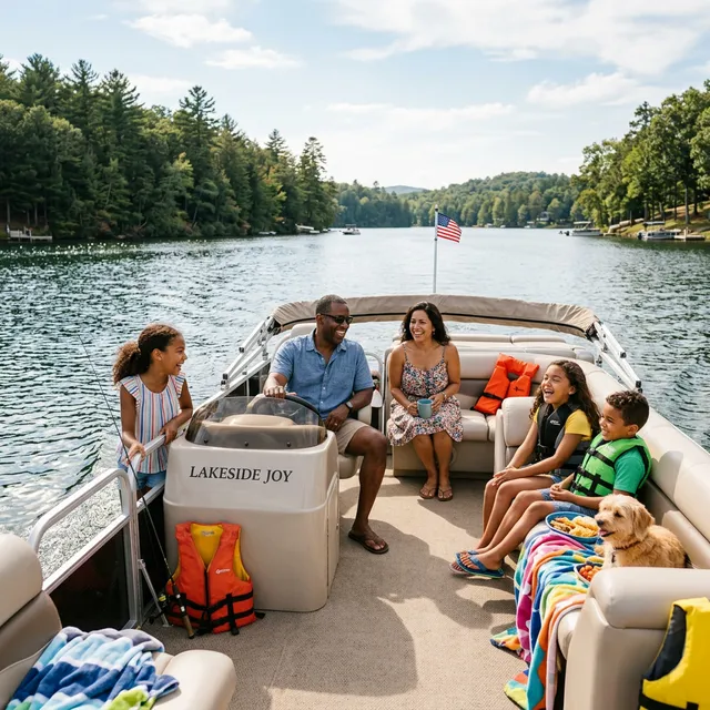 Family enjoying a pontoon boat ride on a scenic American lake