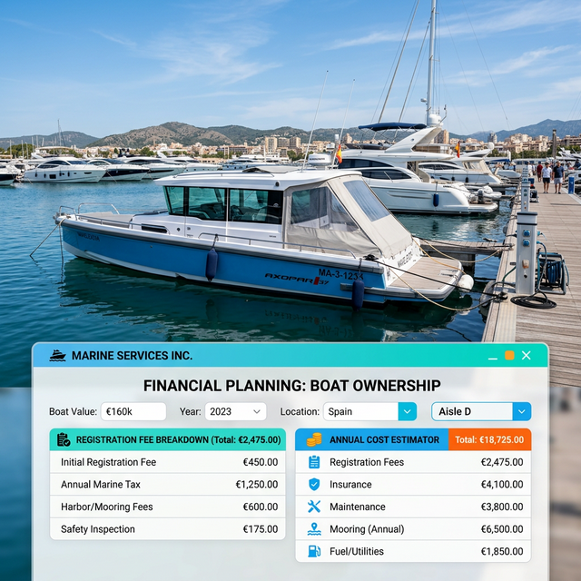 Boat at marina with digital calculator overlay showing registration fee breakdown