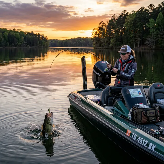 Angler catching bass from a boat on calm lake at golden hour sunset